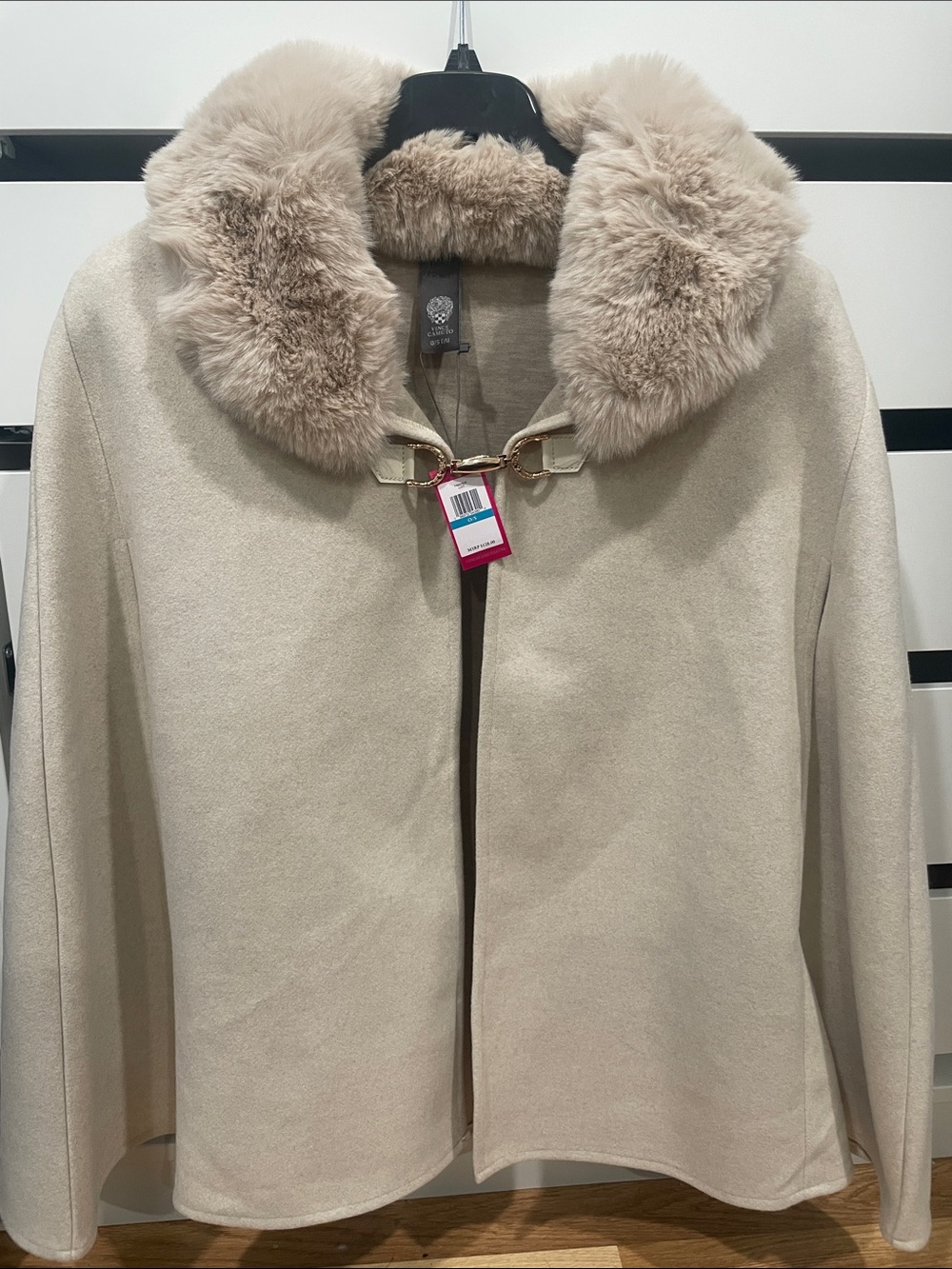Vince Camuto Cream Faux Fur Collar Cape with Gold-Tone Clasp